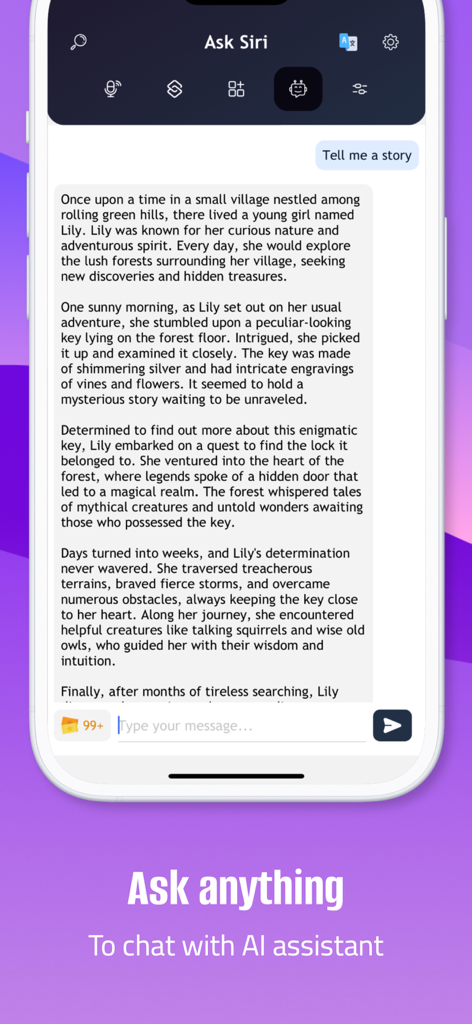 Ask app for Siri for use - Interface of the Ask Siri app showing a chat with an AI assistant generating a story