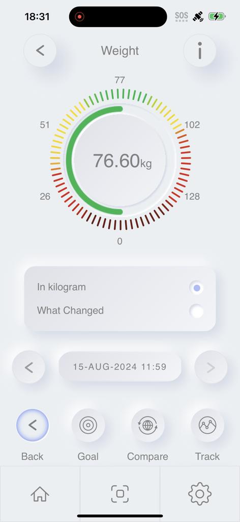 Boditrax 2.0 app weight tracking interface showing a measurement of 76.60 kilograms on a circular dial gauge.