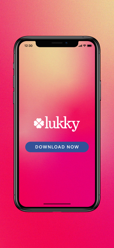 iPhoneにロゴと今すぐダウンロードボタンが表示されたLukkyアプリのスプラッシュスクリーン