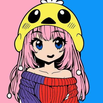 anime girl with chick shaped hat with sweater with bare shoulders with bangs covering them one eye with low tail