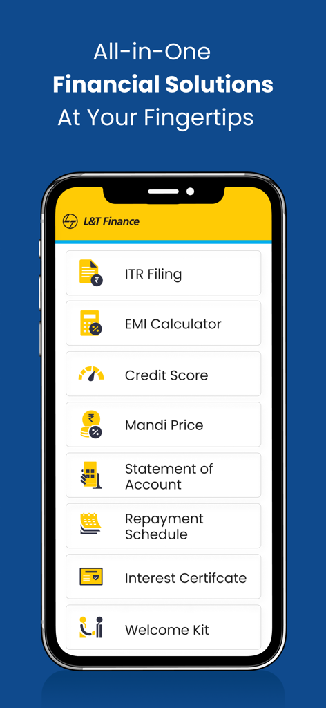 Mobile app interface of PLANET by L&T Finance displaying various financial tools like EMI calculator, credit score, and account statements.