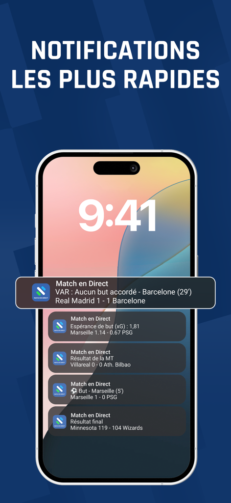 Smartphone lock screen displaying live sports score notifications from the Match en Direct app