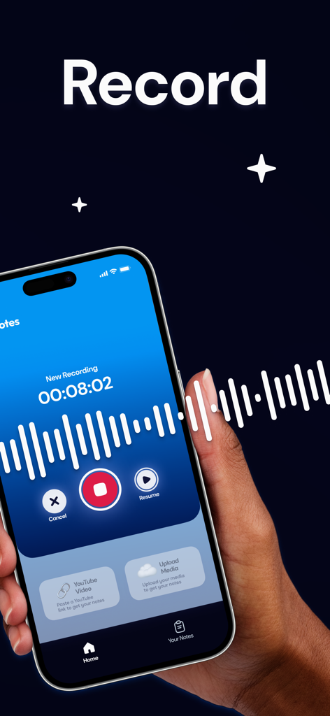 Minutes of Meeting AI Notebook - AIノートアプリのボイスレコーディング機能が表示されたスマートフォン画面。ライブ音声波形とタイマーが表示されています。