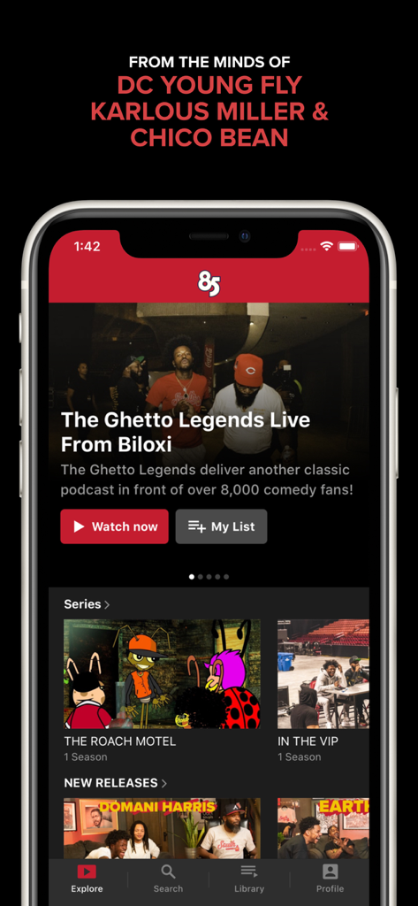 Channel 85 - The home screen of Channel 85 app displaying exclusive comedy content and original series