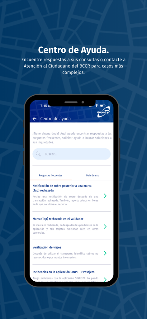 SINPE-TP: Pasajero - Help center screen of the SINPE-TP Pasajero app for Costa Rican public transit.