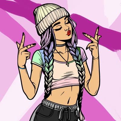 realistic teenage girl with braids and a beanie and crop top doing 🫶🏼