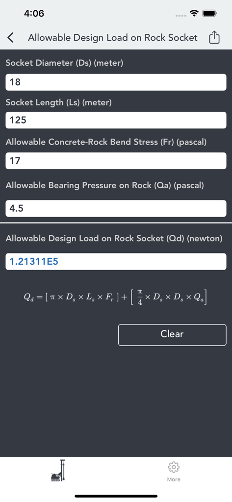 Allowable design load on rock socket calculator screen from Pile and Piling app