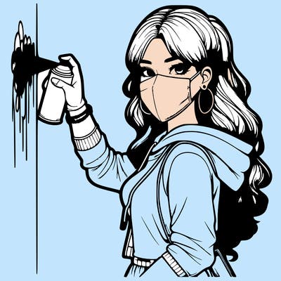 realistic girl with mask spray painting a wall