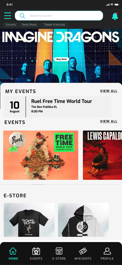 GoLive Ticketing - GoLive Ticketing app home screen showing music events and merchandise store