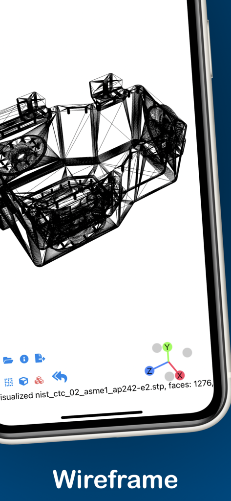 STEPファイルビューアモバイルアプリ内でワイヤーフレームモードで表示された3D CADモデル。