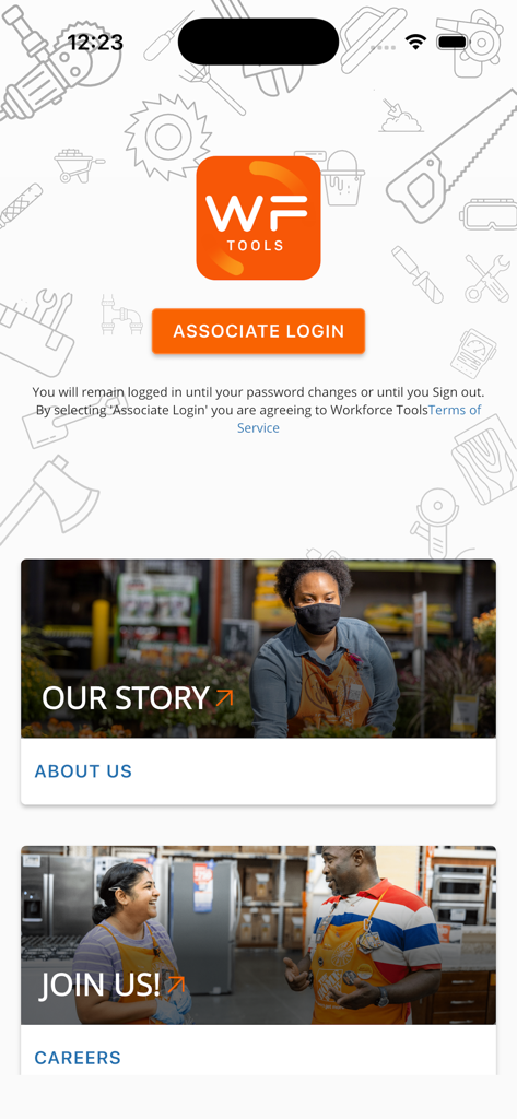 Workforce Tools app login screen for Home Depot associates with buttons for associate login, about us, and careers.