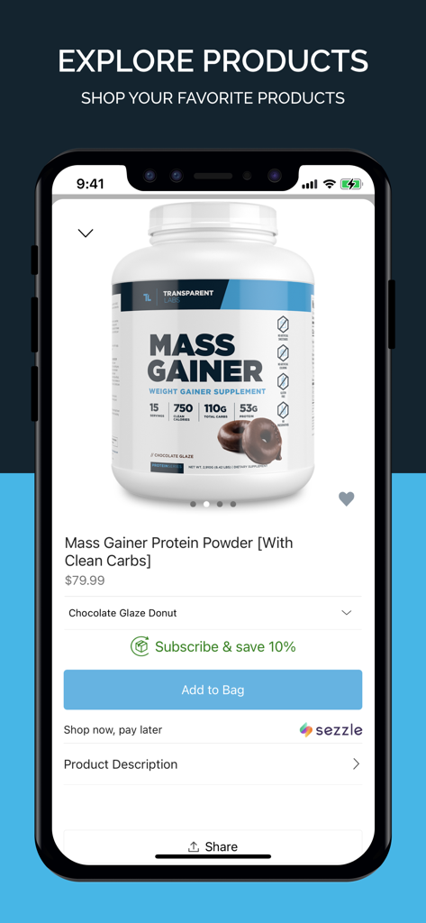 Pagina prodotto dell'app Transparent Labs che mostra la polvere proteica Mass Gainer con opzioni di acquisto e abbonamento