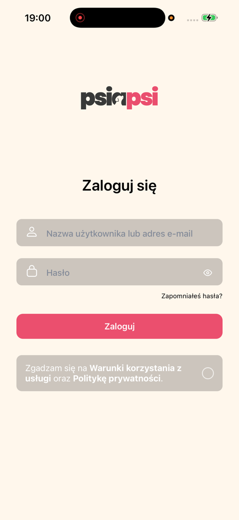 PsiaPsi - Login screen for the PsiaPsi dog health and community app featuring username and password input fields