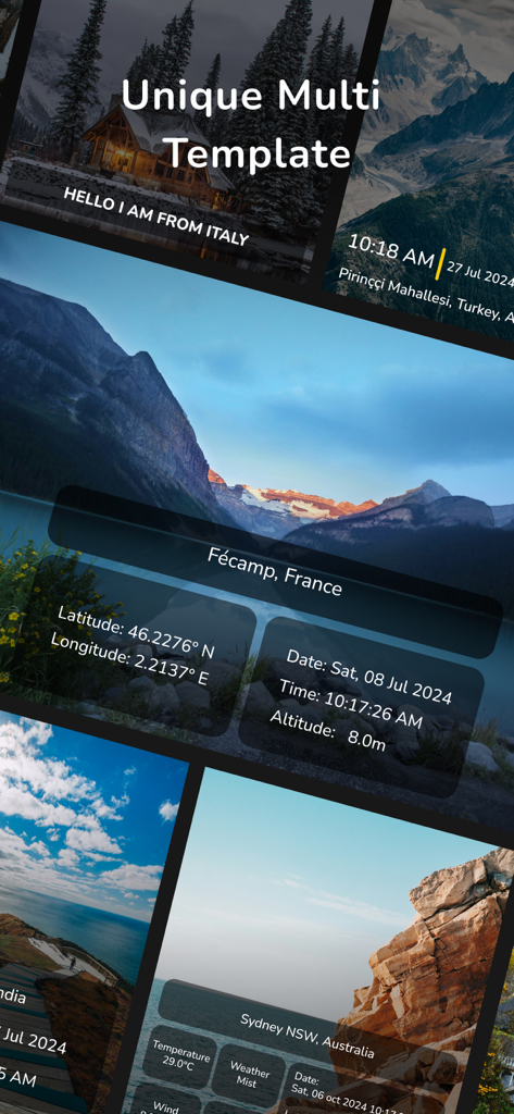 MapStamp - GPS Map Camera - A collection of photos showing MapStamp unique templates with GPS location, coordinates, altitude, and timestamp overlays.
