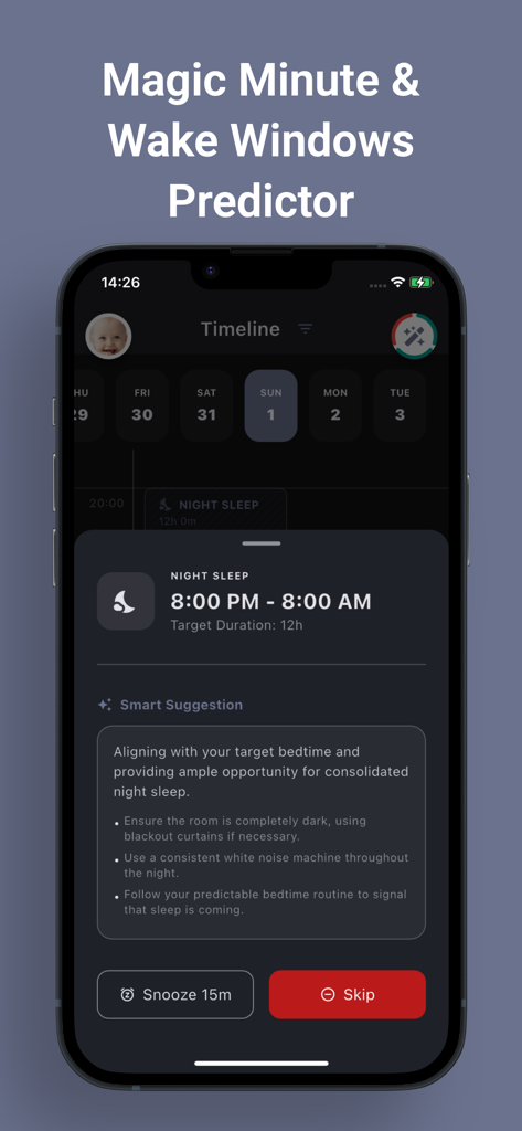 My Nap Plan mobile app showing the Magic Minute and Wake Windows Predictor with a night sleep schedule and smart bedtime suggestions.