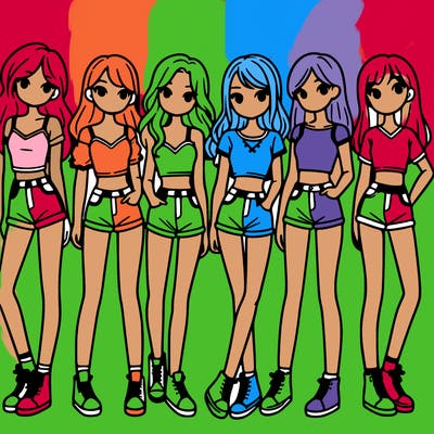 a group of girls wearing crop tops and shorts