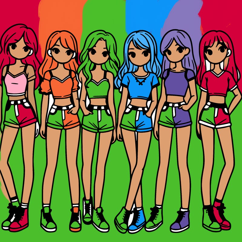 a group of girls wearing crop tops and shorts