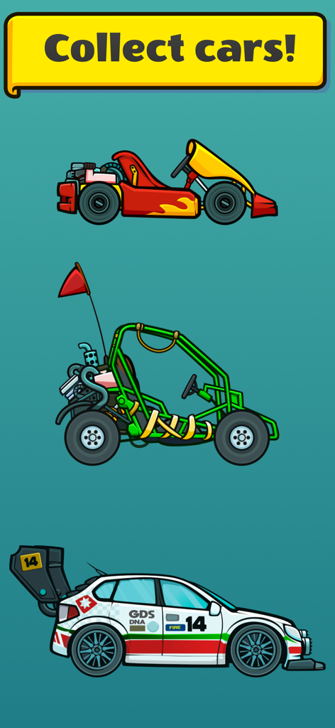 A collection of unlockable car skins including a red go-kart a green off-road buggy and a white rally car
