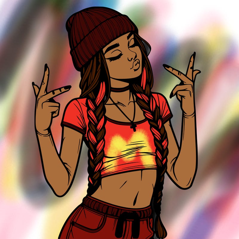 realistic teenage girl with braids and a beanie and crop top doing 🫶🏼