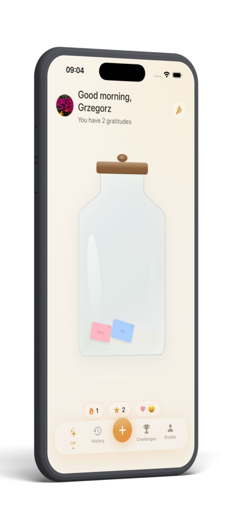 Gratitudes Jar Pro app interface showing a virtual glass jar with pink and blue gratitude entries on a minimalist background