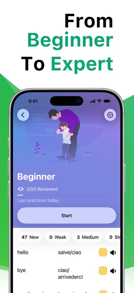 Italienisch-Lern-App-Oberfläche, die Anfängerwortschatz und Lektionsfortschritt anzeigt