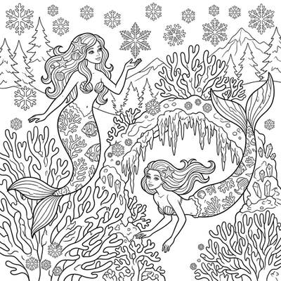 Discover a magical blend of worlds with our Tropical Mermaids in Winter Wonderland coloring page. Immerse yourself in an enchanting scene where vibrant sea life meets icy serenity, perfect for creative minds seeking a unique challenge.