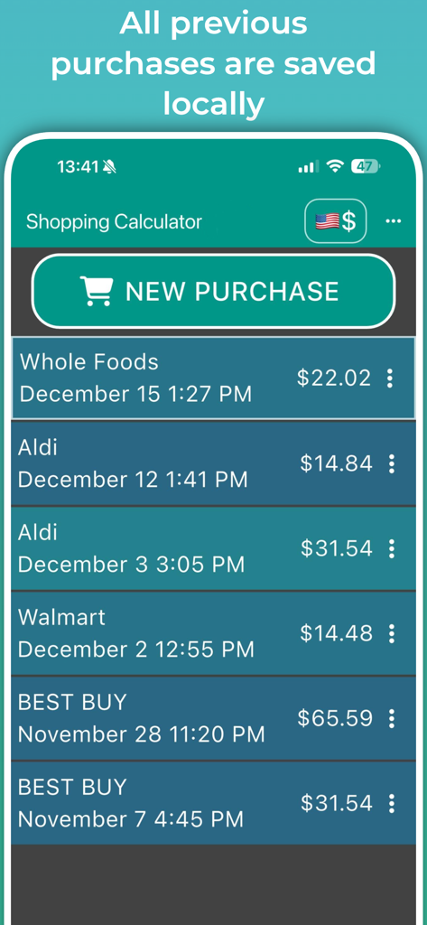 Shopping Calculator. - La aplicación Calculadora de Compras muestra una lista de compras pasadas con nombres de tiendas, fechas y montos totales.