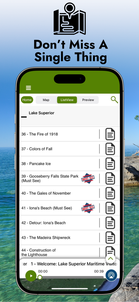 Lake Superior GPS Circle Tour - Smartphone displaying a list of sightseeing stops and audio guide points for the Lake Superior Circle Tour