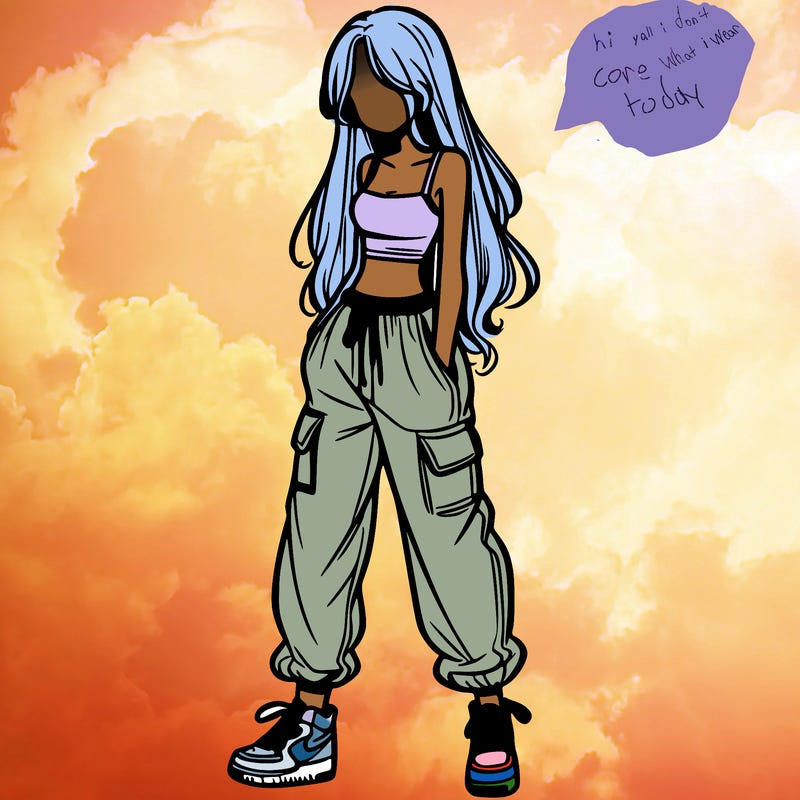 girl in baggy pants crop top and long hair