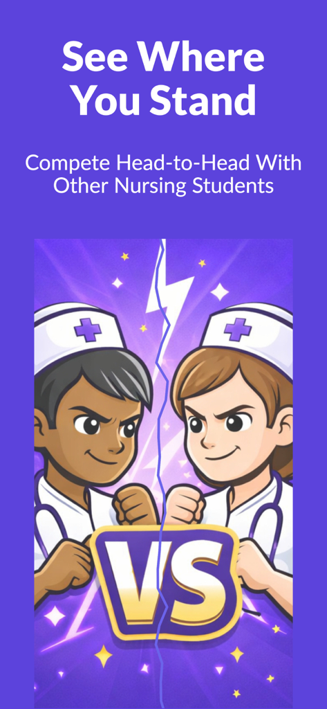 NCLEX Showdown - Two cartoon nursing students in a head to head versus battle screen for NCLEX practice