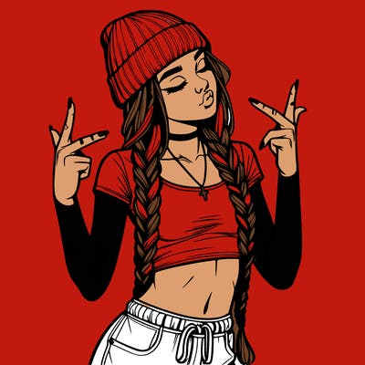 realistic teenage girl with braids and a beanie and crop top doing 🫶🏼