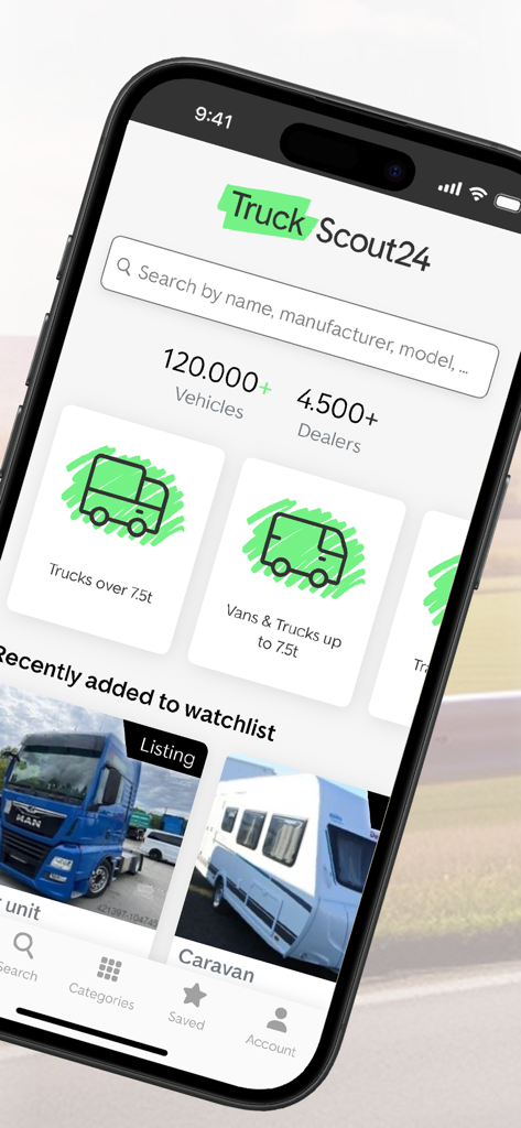 TruckScout24 - Schermata principale dell'app mobile TruckScout24 con barra di ricerca e categorie di veicoli