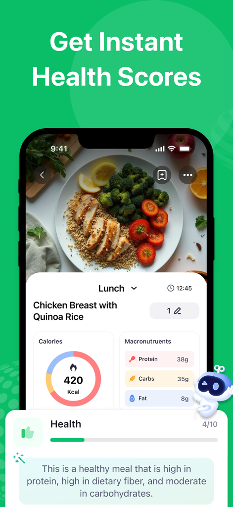 Cal Expert: AI Calorie Tracker - Cal Expert mobile app showing a meal photo with its calorie count and macronutrient breakdown.