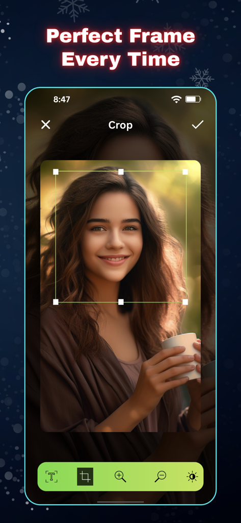 PhotoRoom+ - Interface of the PhotoRoom plus app showing the crop tool used on a portrait photo