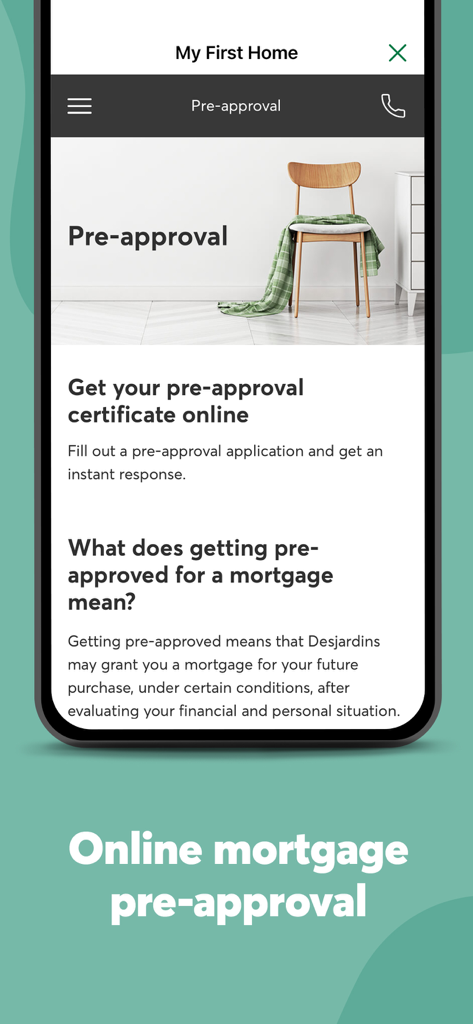 Desjardins mobile services - Oberfläche der Desjardins Mobile App für die Online-Hypothekenvorabgenehmigung