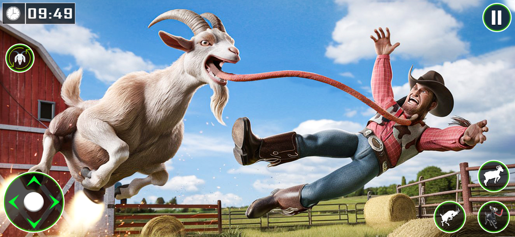 Angry Goat Simulator Game 3D - A superpowered goat using its long tongue to attack a flying cowboy on a farm