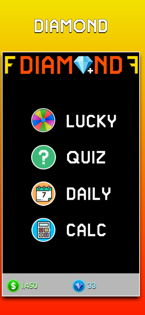 Diamond Convert - Lucky Quiz F - Main menu screen of the Diamond Convert app featuring Lucky Quiz Daily and Calc options