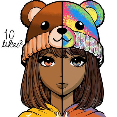 super realistic girl with a bear beanie hat split