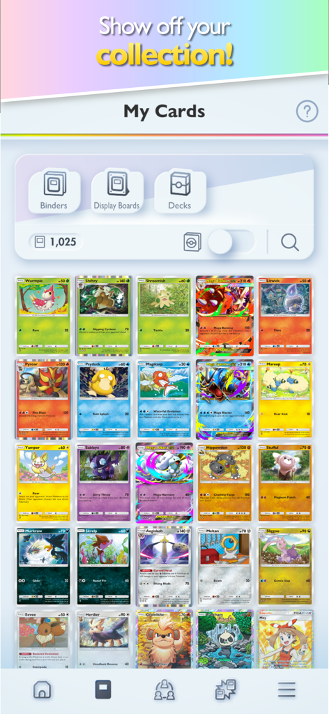 Pokémon TCG Pocket - Eine digitale Sammlung verschiedener Pokemon-Karten, die in einem Gitter innerhalb der Pokemon TCG Pocket Mobile App angezeigt werden