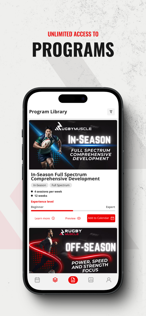 Rugby Muscle Training App - Interface of the Rugby Muscle Training App showing the Program Library with In-Season and Off-Season training blocks.