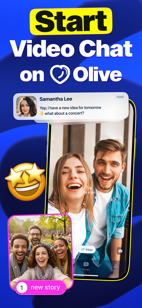 Olive: 1-on-1 Video Chat - Captura de pantalla de la aplicación de chat de vídeo Olive mostrando funciones de chat de vídeo y perfiles de usuario
