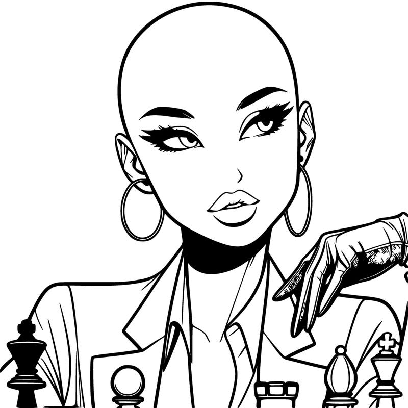 realistic bald asian female who wears suits and gloves and wearing hooped earrings while wearing lipstick, and playing chess