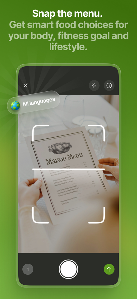 Thomas AI: Eat Smart & Healthy - Smartphone scanning a restaurant menu for healthy food choices using Thomas AI