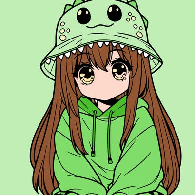 girl with anime shaped eyes with a dinosaur bucket hat oversized sweatshirt long straight hair