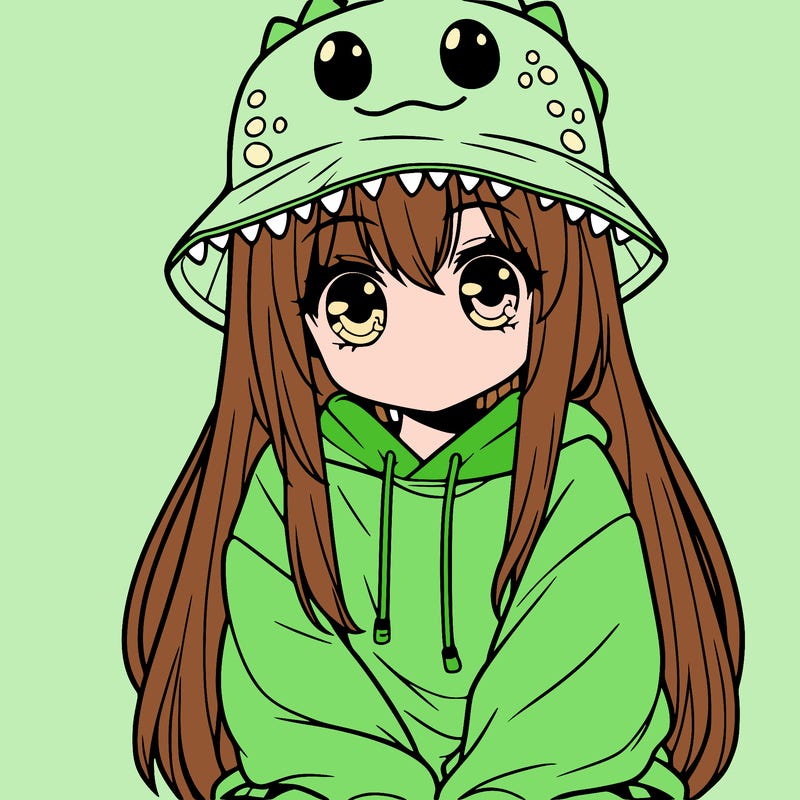 girl with anime shaped eyes with a dinosaur bucket hat oversized sweatshirt long straight hair