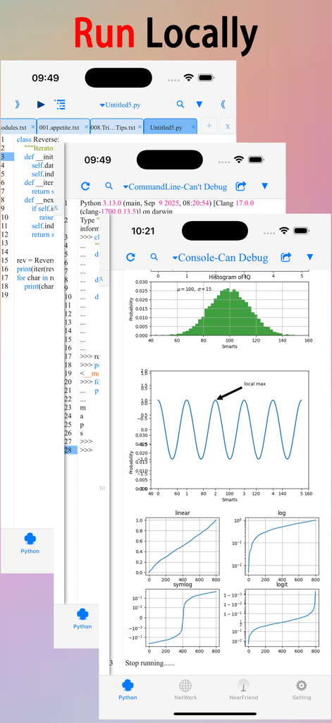 pythoni-run code,autocomplete - Pythoni mobile app displaying code editor and Matplotlib data visualization charts