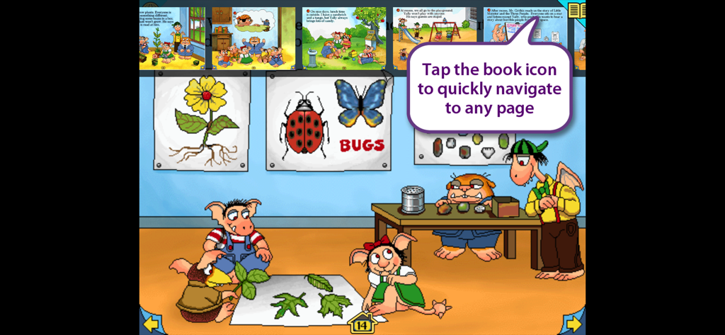 Little Monster at School - A classroom scene from the Little Monster at School interactive storybook highlighting page navigation.