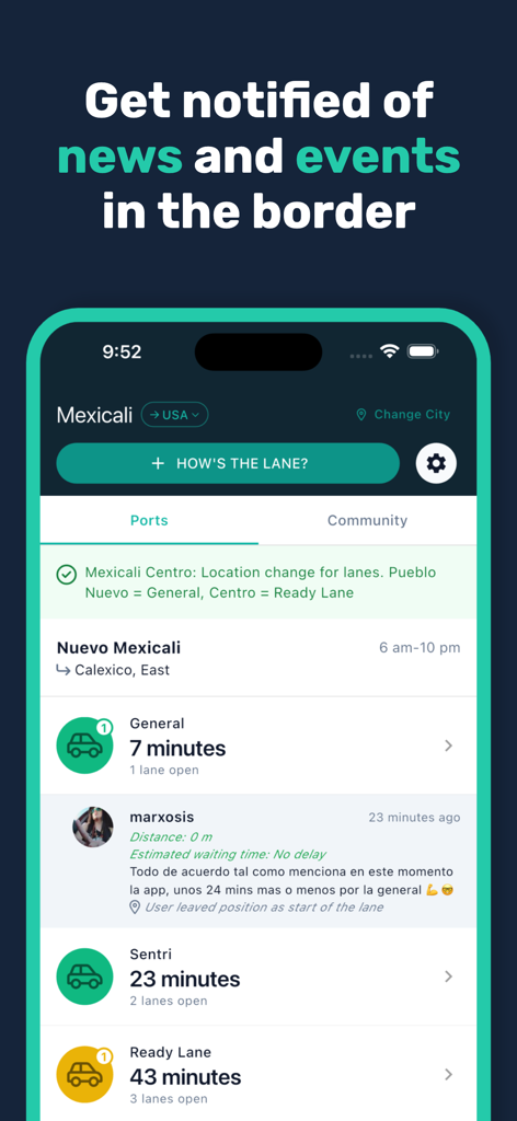 Bordify - Bordify mobile app screen showing real-time wait times for General Sentri and Ready Lane at the Mexicali border crossing
