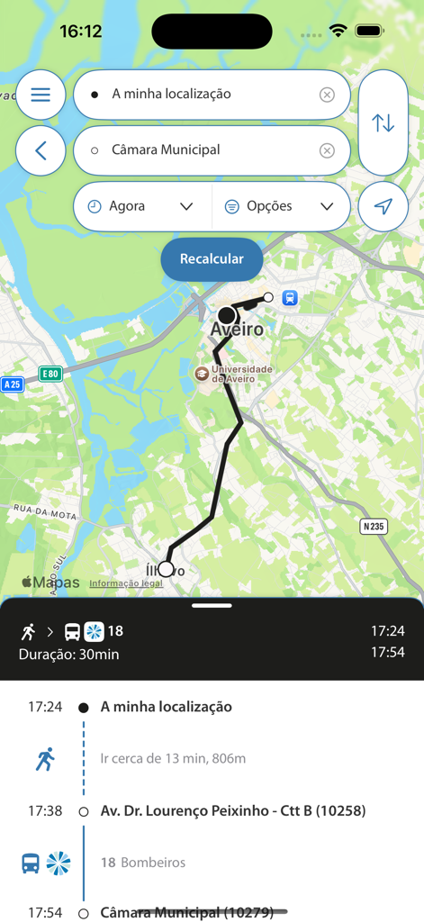 BusWay - Un écran d'application mobile affichant un itinéraire de bus cartographié avec des indications de marche et des heures d'arrivée