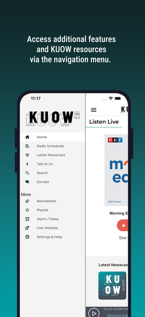 KUOW Puget Sound Public Radio - A mobile screenshot of the KUOW Puget Sound Public Radio app navigation menu displaying options like radio schedules and newscasts.